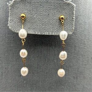 Classic Long Triple White Faux Pearl Stud Dangle Earrings Gold Tone